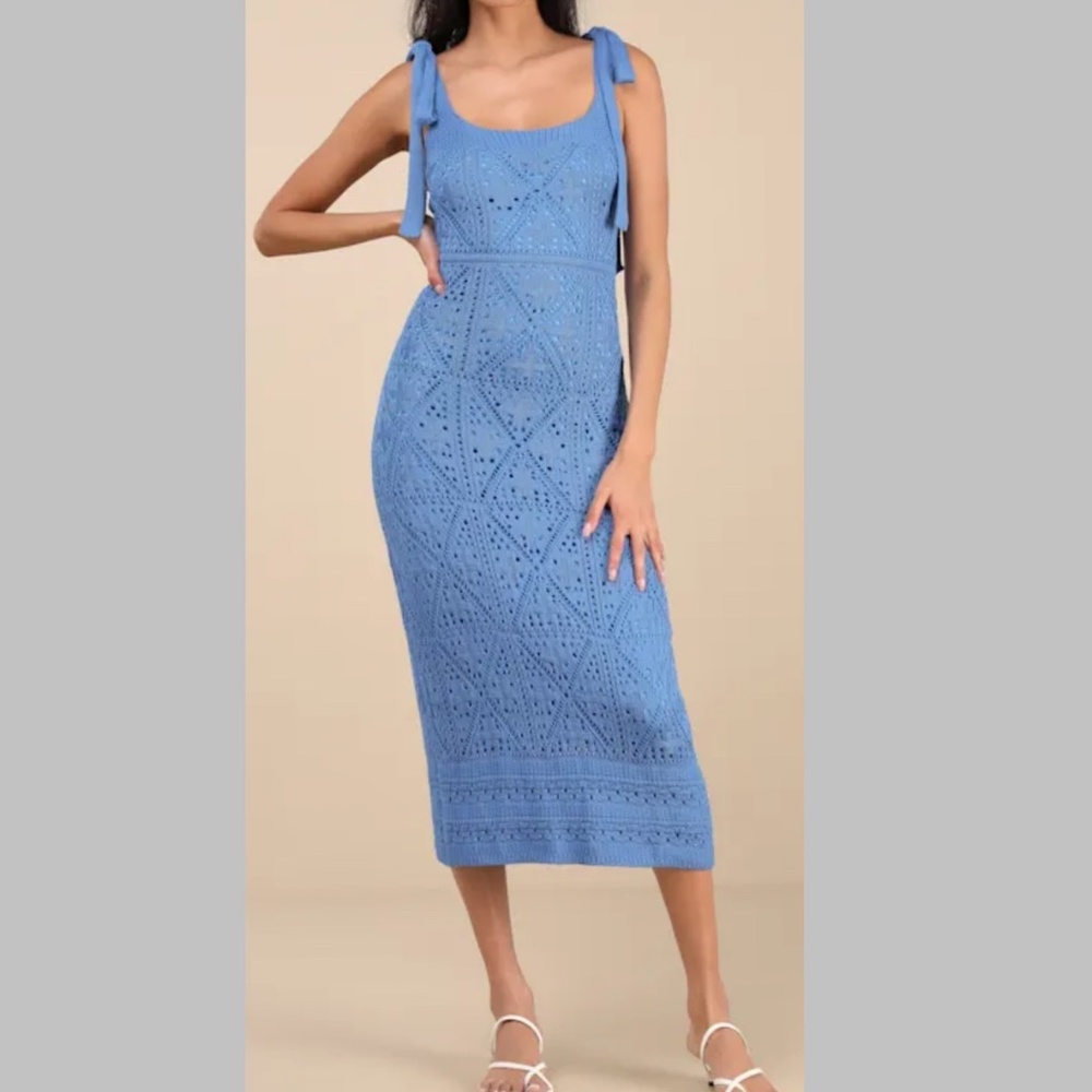 Lulu's Sky-Blue Crochet Tie-Shoulder Midi Dress - Picture 5 of 5